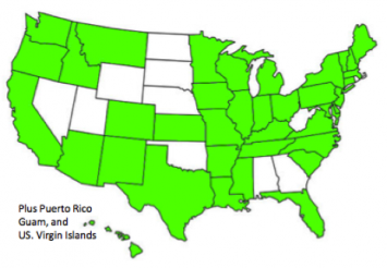 Figure 5.  Teachers from the states and territories highlighted in green participated in the Renewable Energy Academies.